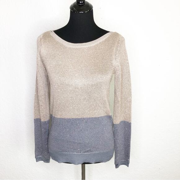 WHBM tan and gray color block sequin sweater size Extra Small XS - Picture 1 of 16
